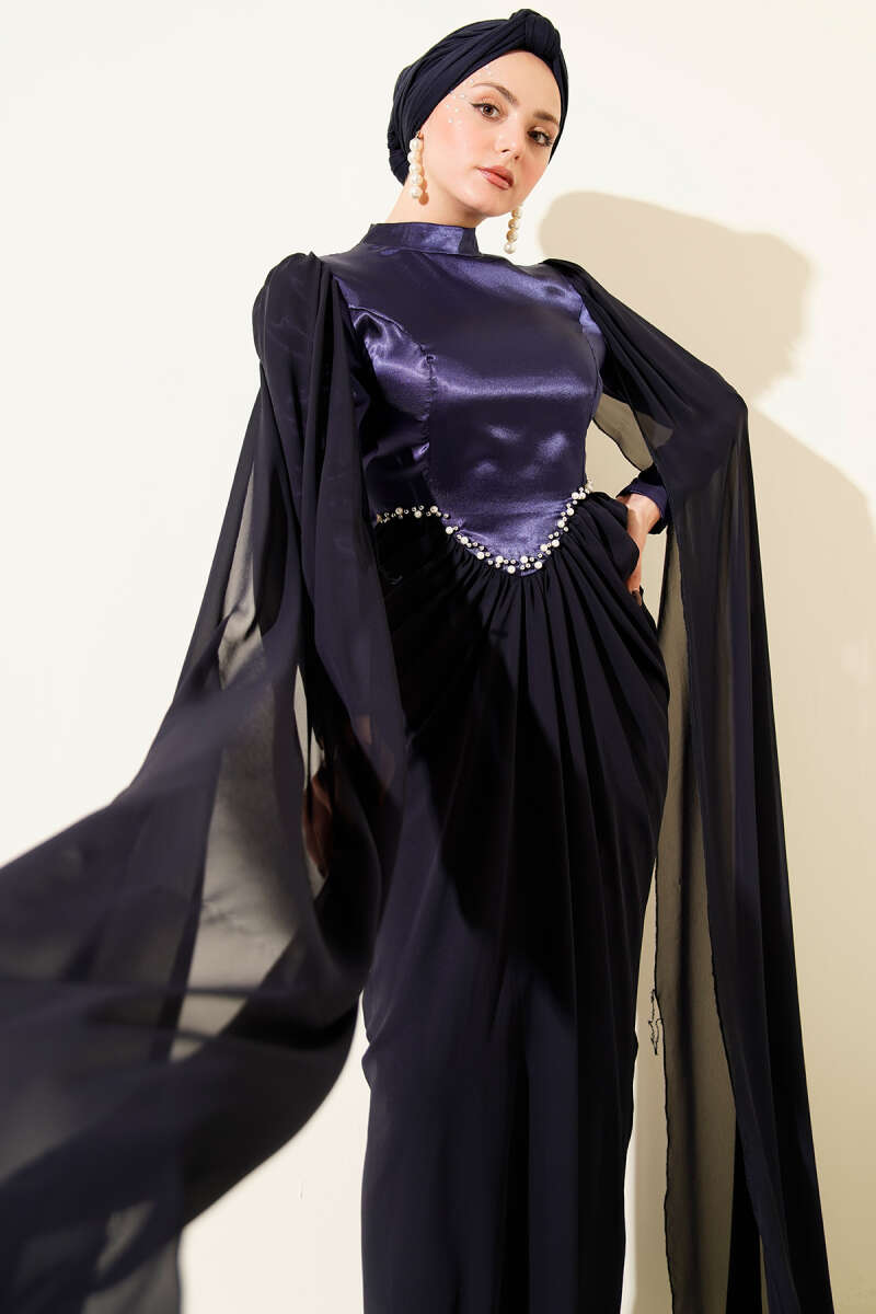 Stone-Detail Evening Dress with Shoulder Cape - Navy