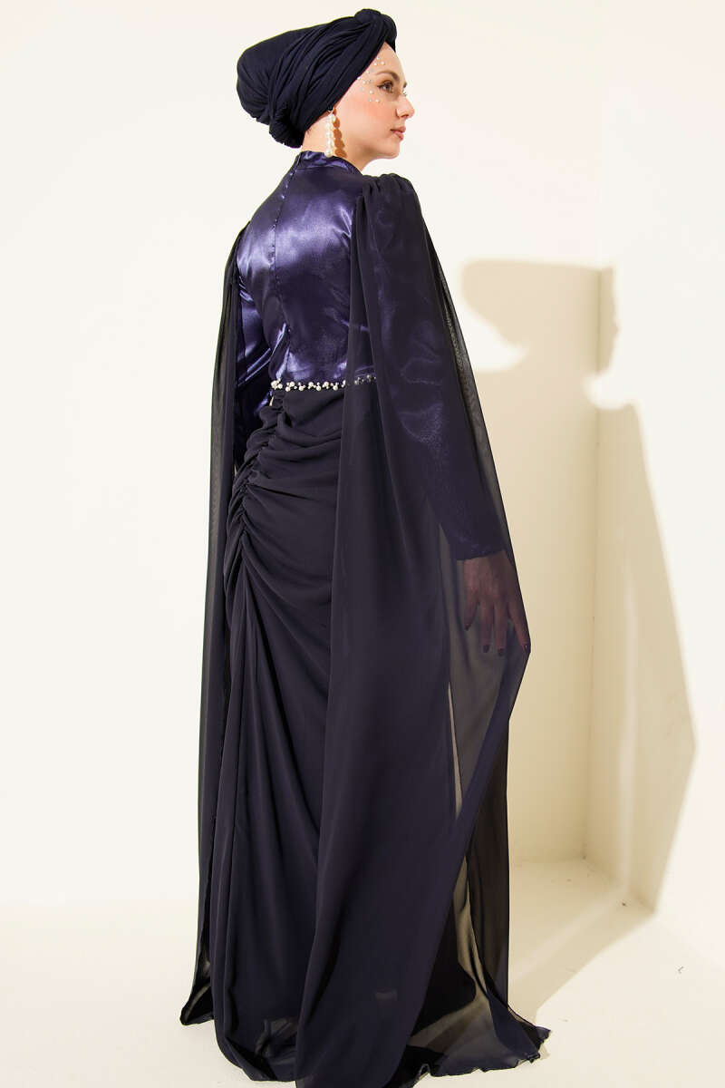 Stone-Detail Evening Dress with Shoulder Cape - Navy