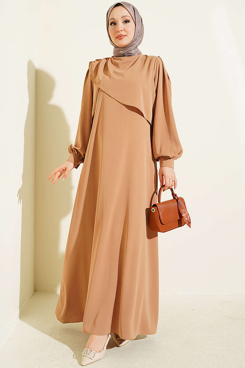 Dress with Shoulder Pleats - Camel
