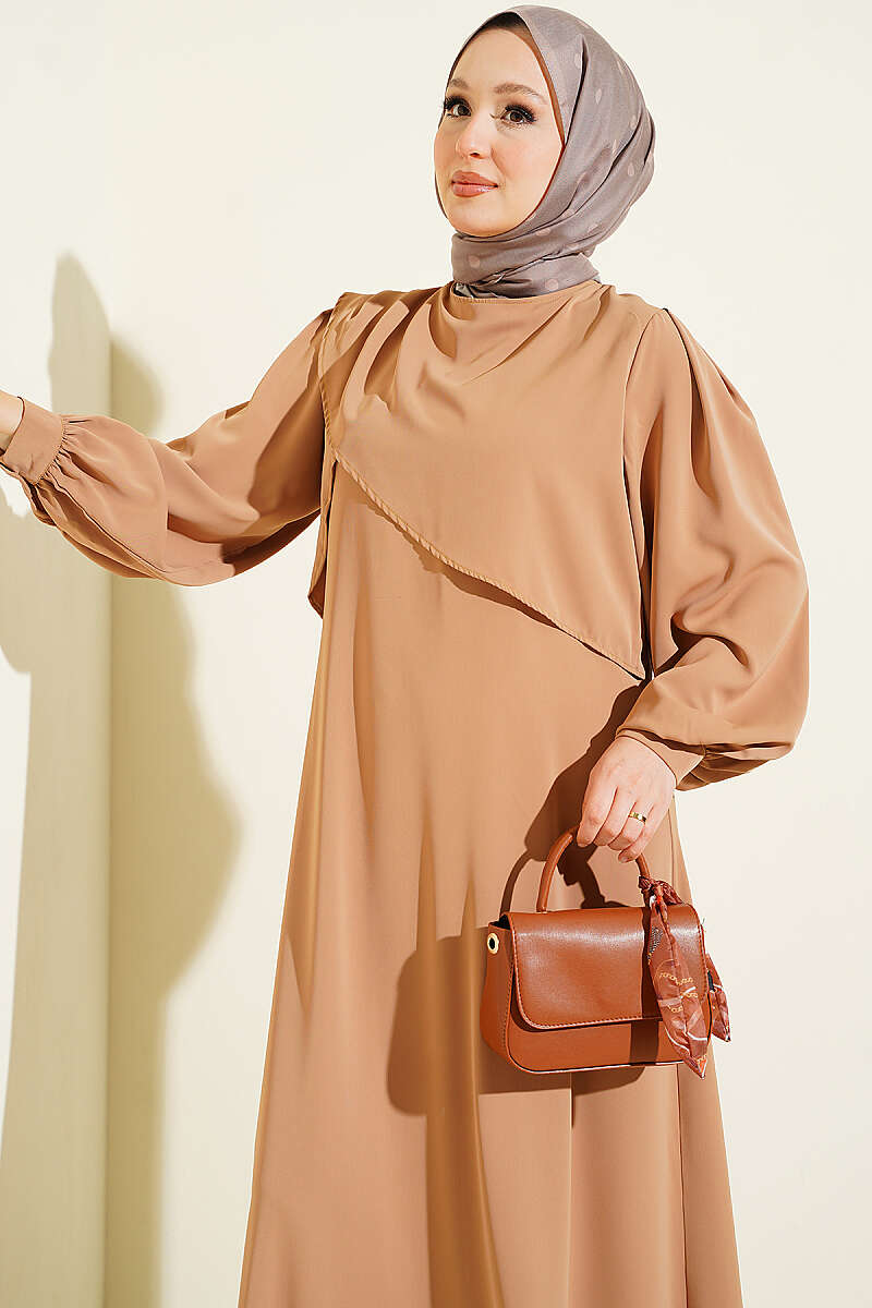 Dress with Shoulder Pleats - Camel