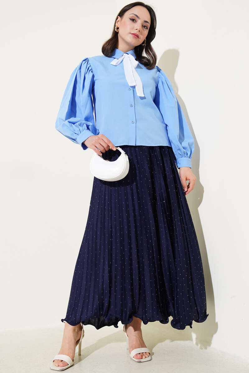 Short Balloon-Sleeve Shirt with Shoulder Pleats - Blue