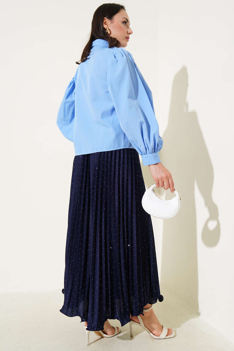 Short Balloon-Sleeve Shirt with Shoulder Pleats - Blue