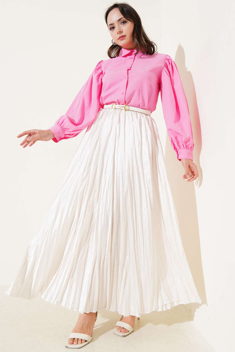 Short Balloon-Sleeve Shirt with Shoulder Pleats - Pink