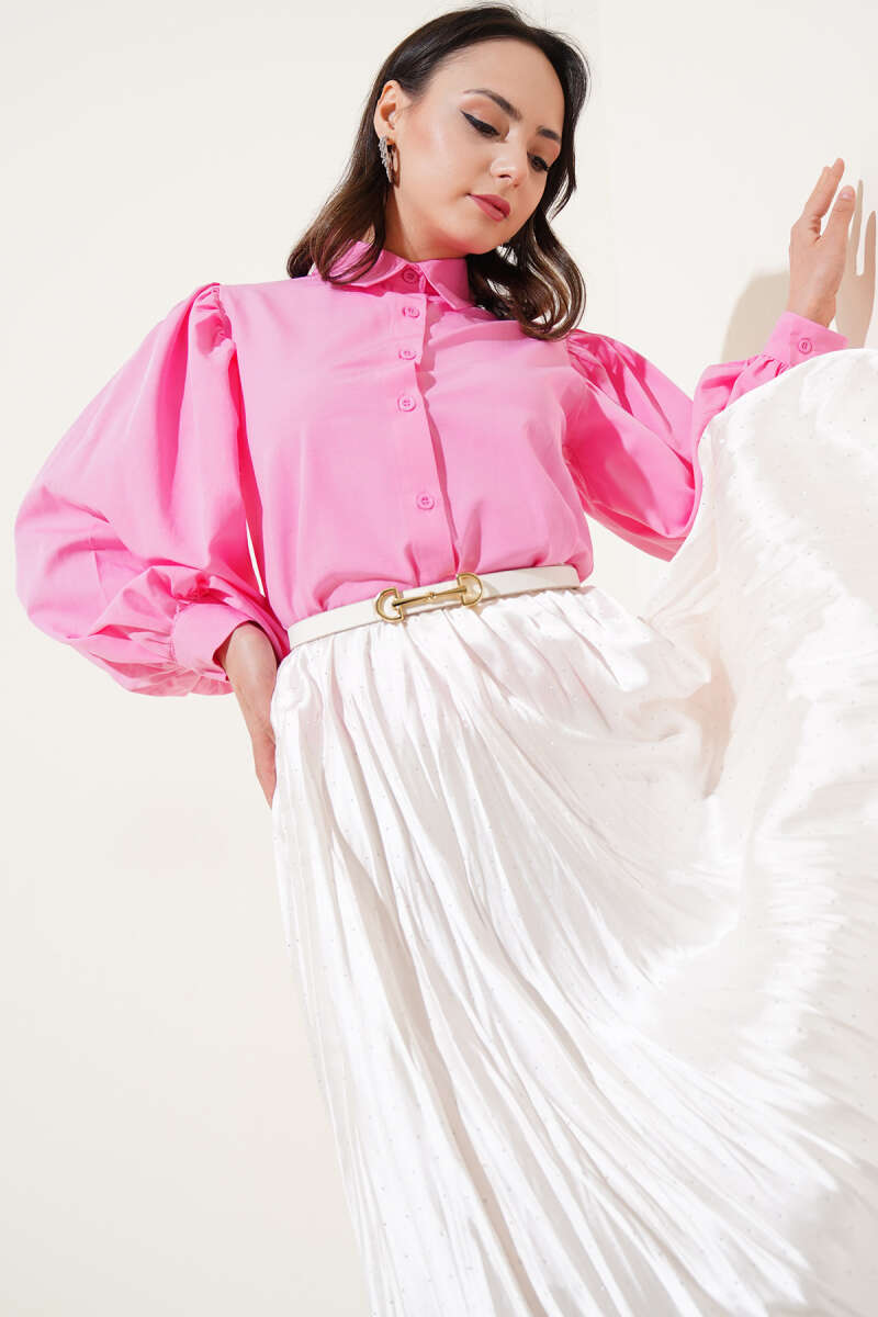 Short Balloon-Sleeve Shirt with Shoulder Pleats - Pink