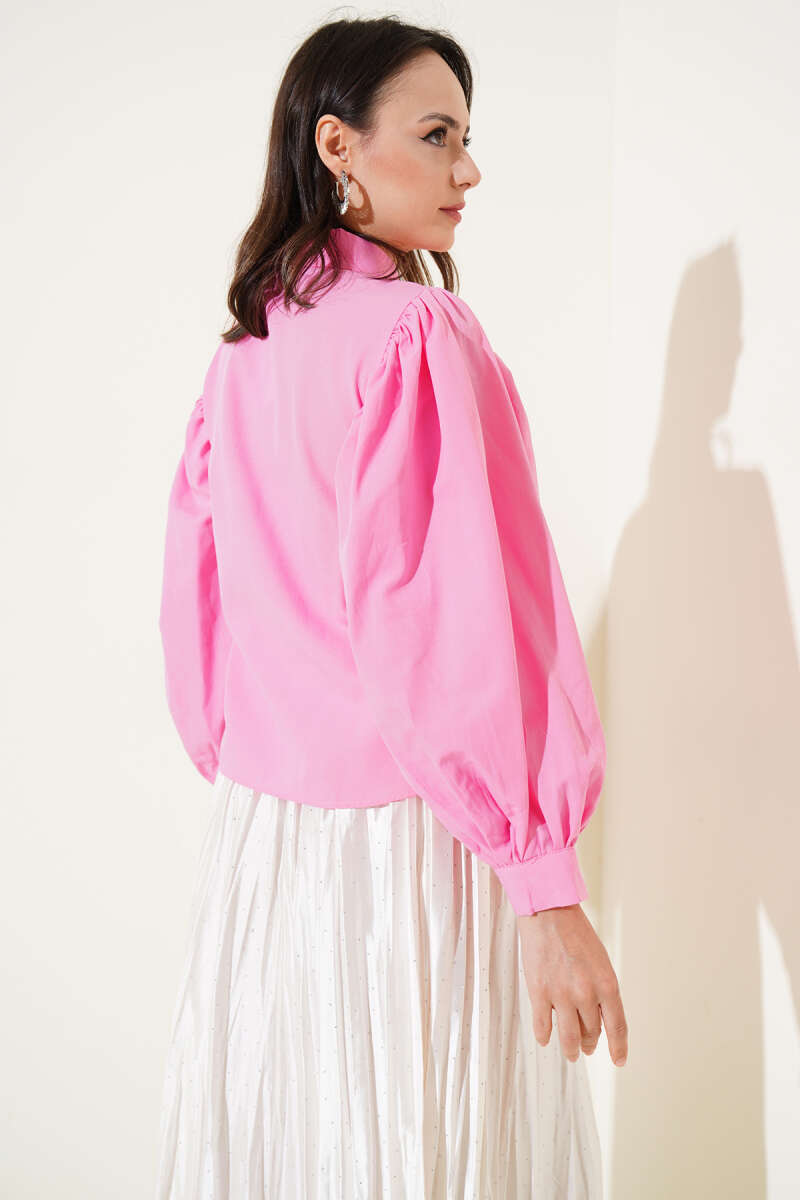 Short Balloon-Sleeve Shirt with Shoulder Pleats - Pink