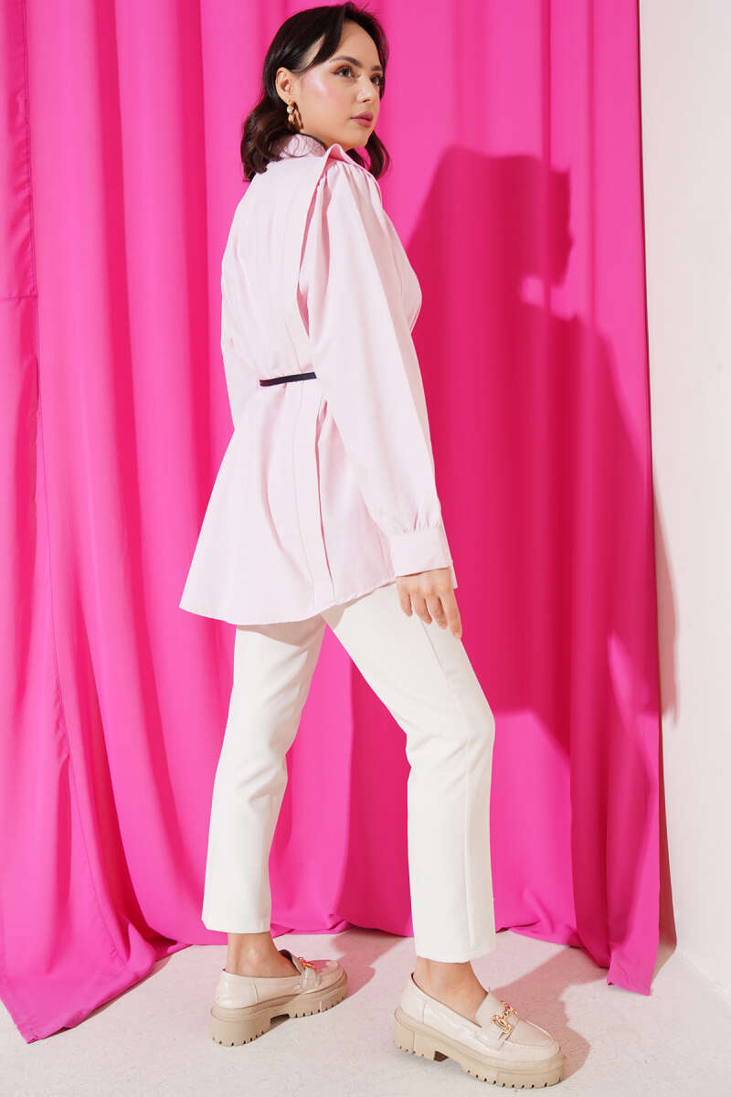 Belted Shirt with Shoulder Pleats - Pink