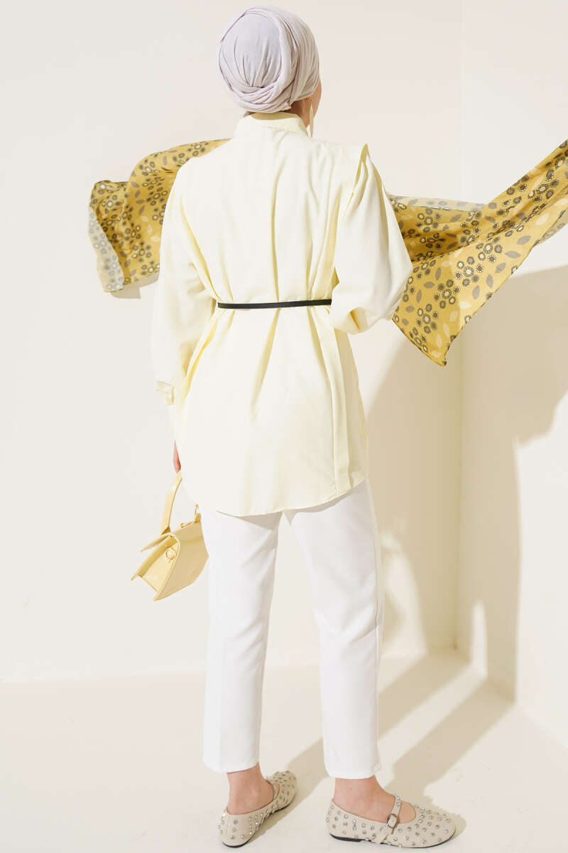 Belted Shirt with Shoulder Pleats - Yellow