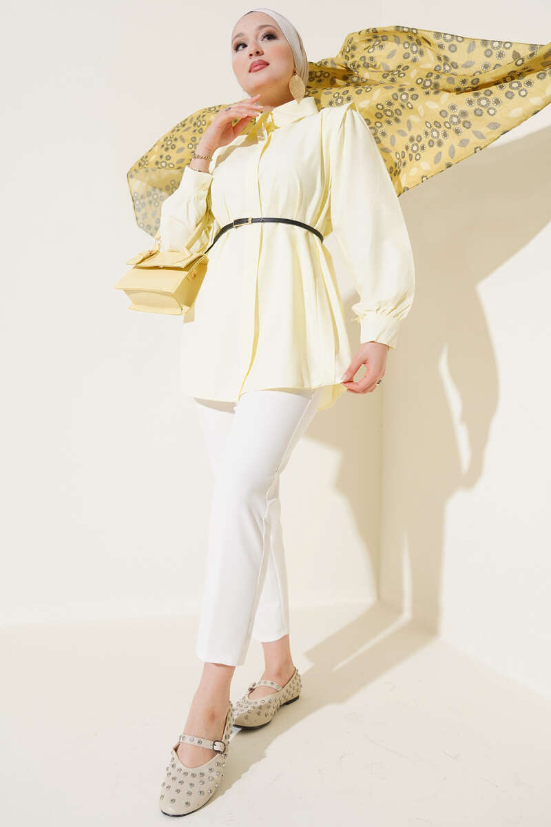 Belted Shirt with Shoulder Pleats - Yellow