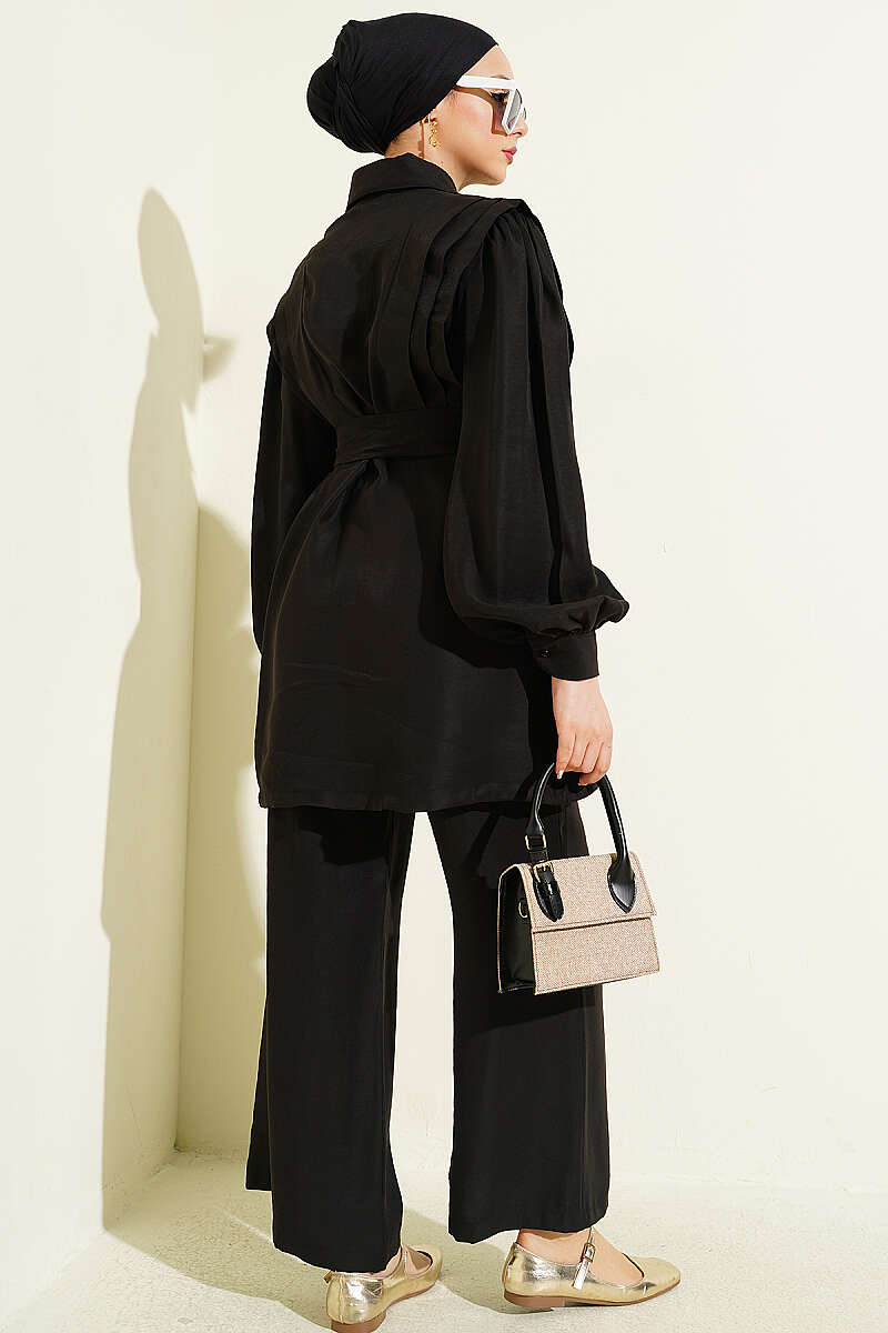 Belted Tencel Two-Piece Set with Pleated Shoulders - Black