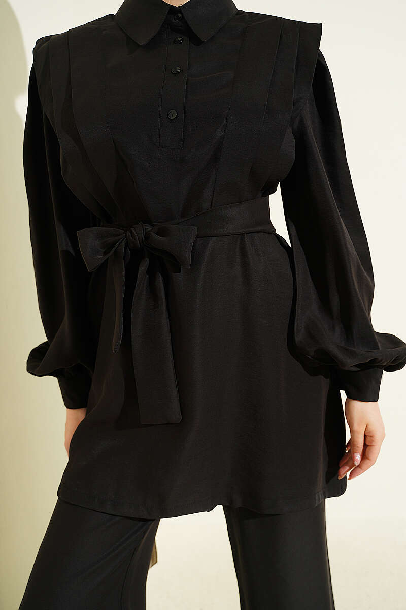 Belted Tencel Two-Piece Set with Pleated Shoulders - Black