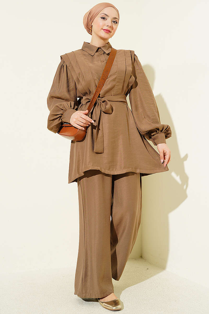 Belted Tencel Two-Piece Set with Pleated Shoulders - Mink