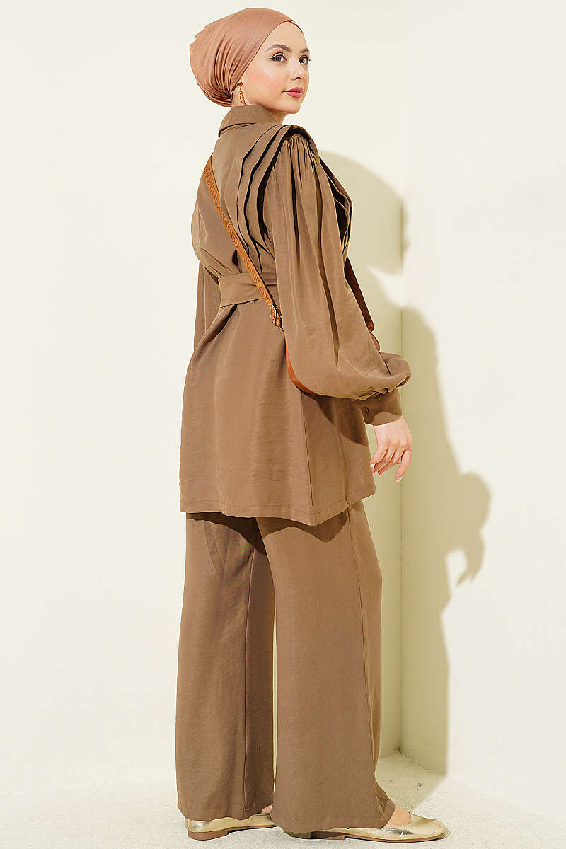 Belted Tencel Two-Piece Set with Pleated Shoulders - Mink