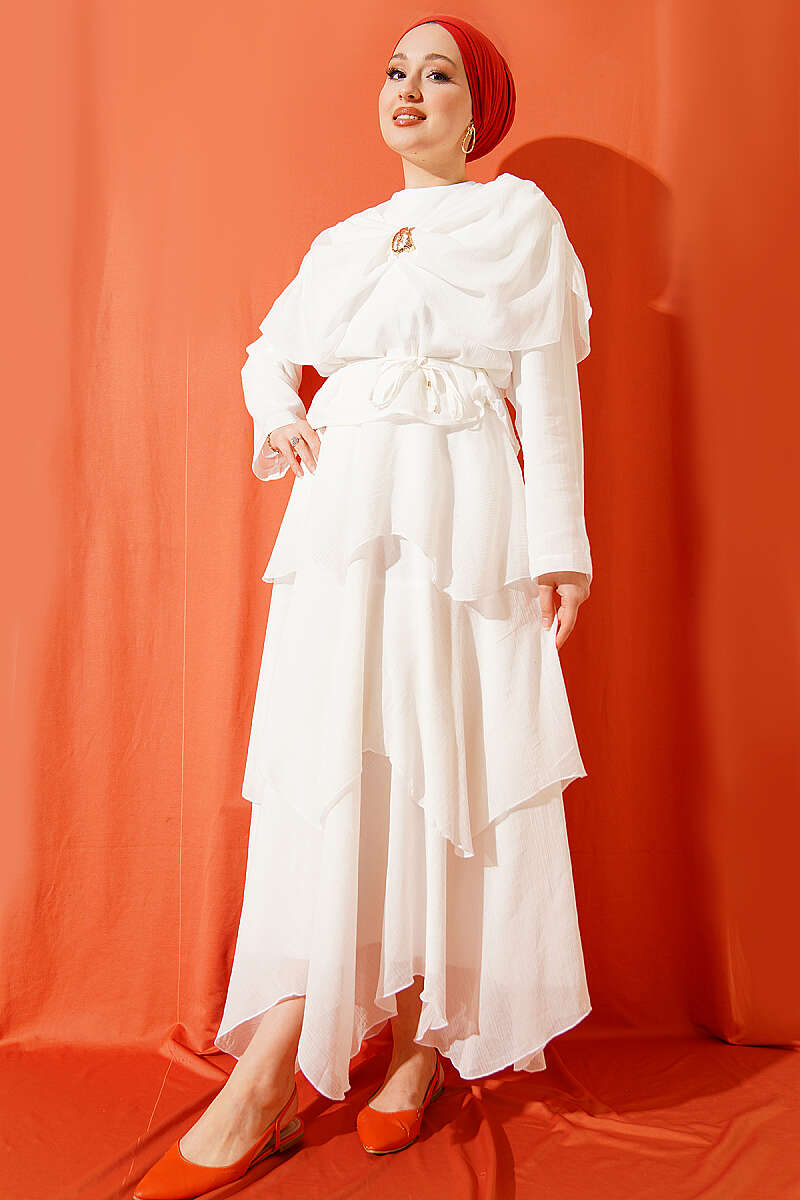 Skirt Set with Shoulder Scarf - Ecru