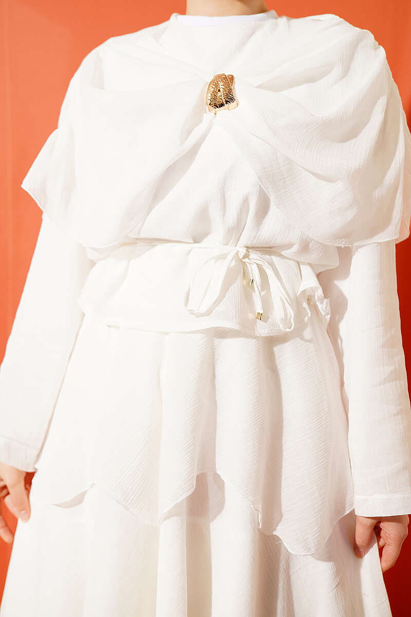 Skirt Set with Shoulder Scarf - Ecru