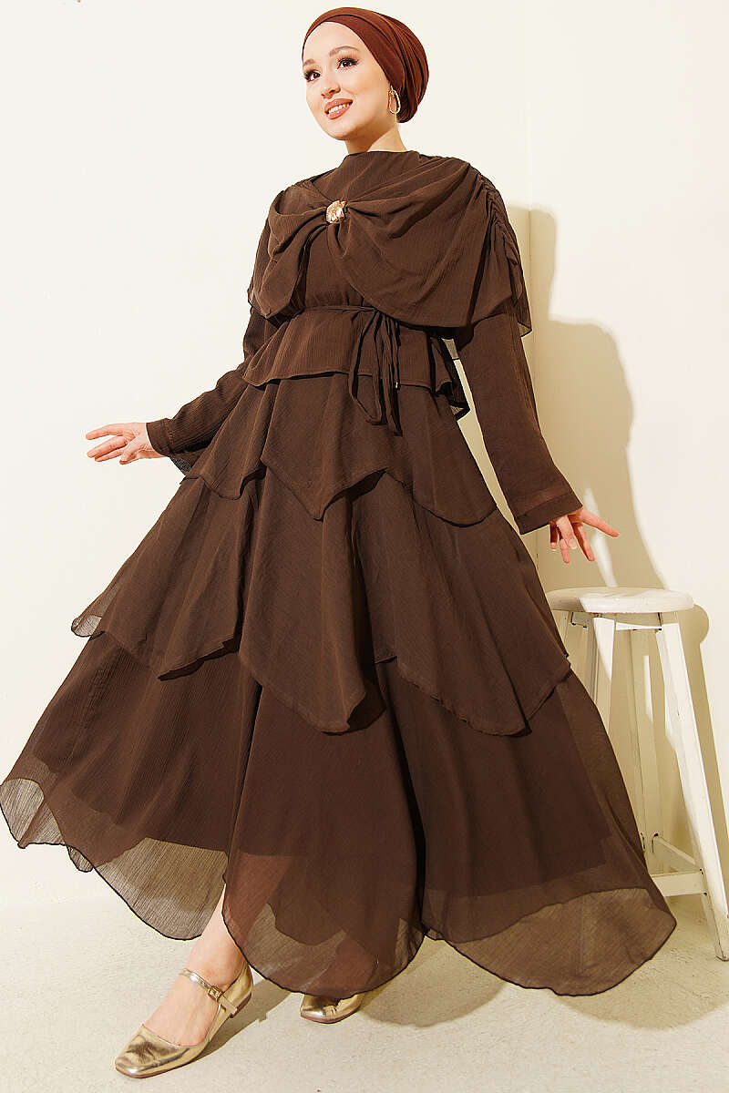 Skirt Set with Shoulder Scarf - Brown