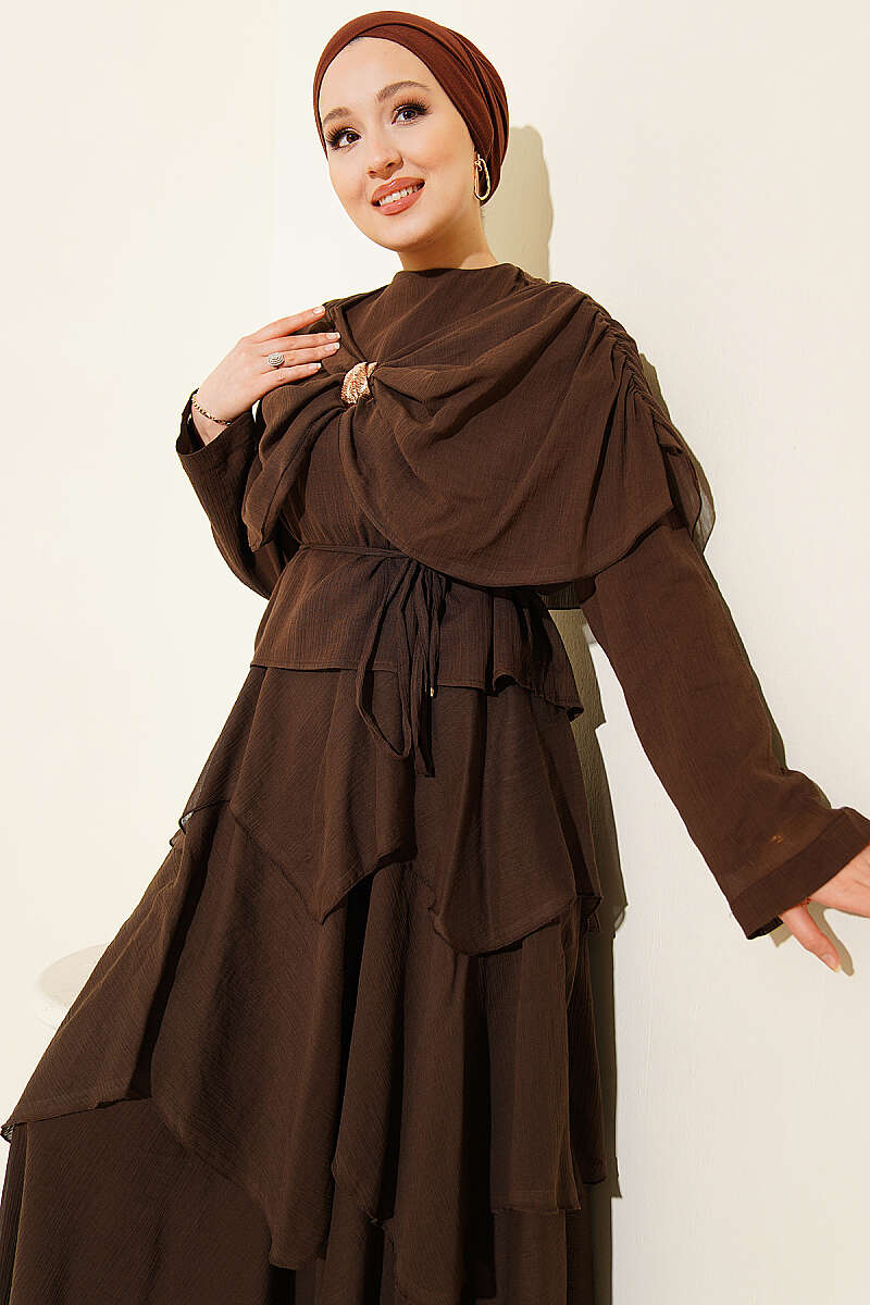Skirt Set with Shoulder Scarf - Brown