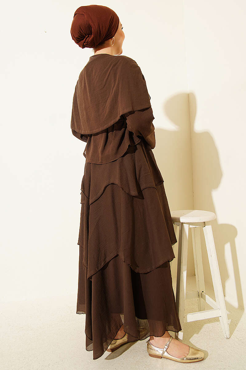 Skirt Set with Shoulder Scarf - Brown