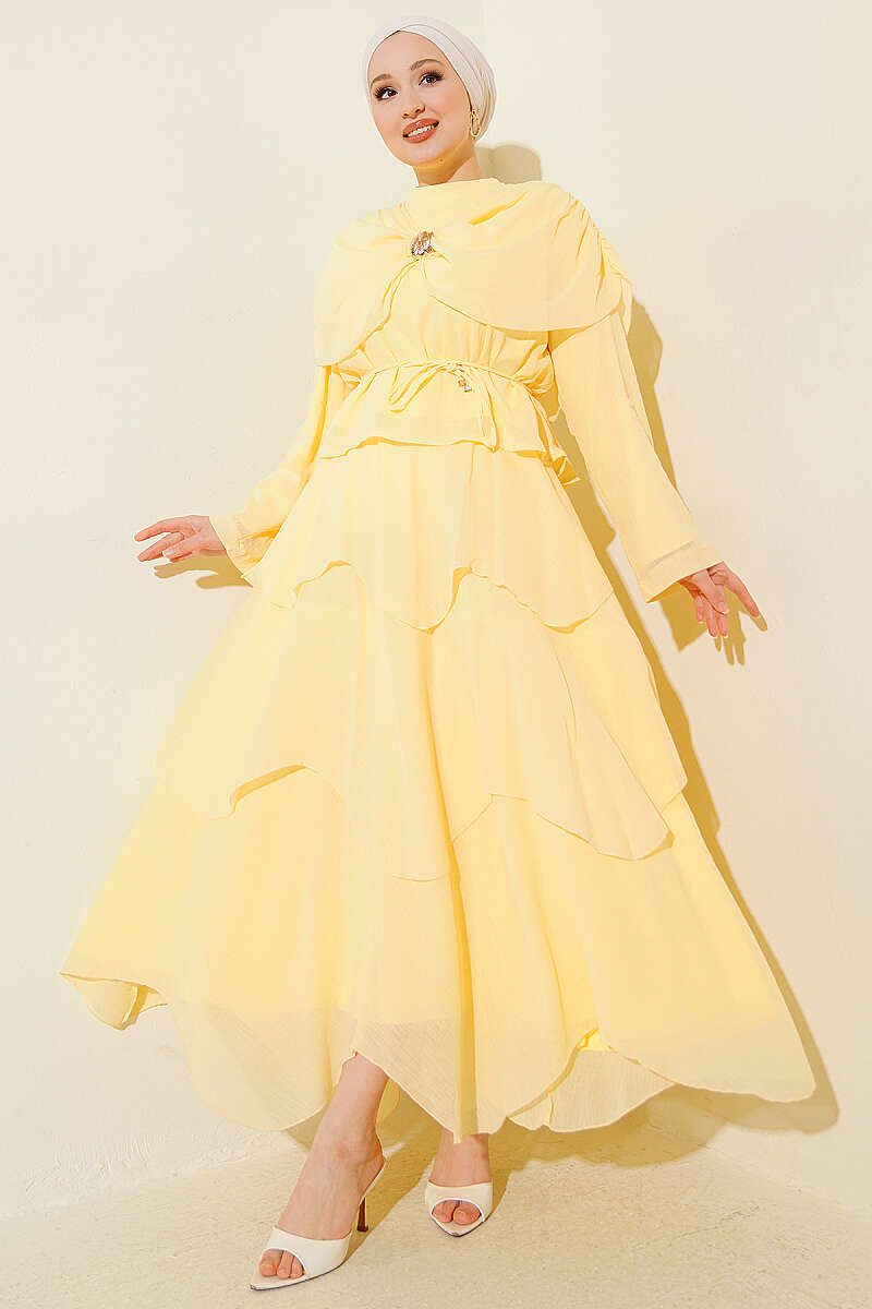Skirt Set with Shoulder Scarf - Yellow