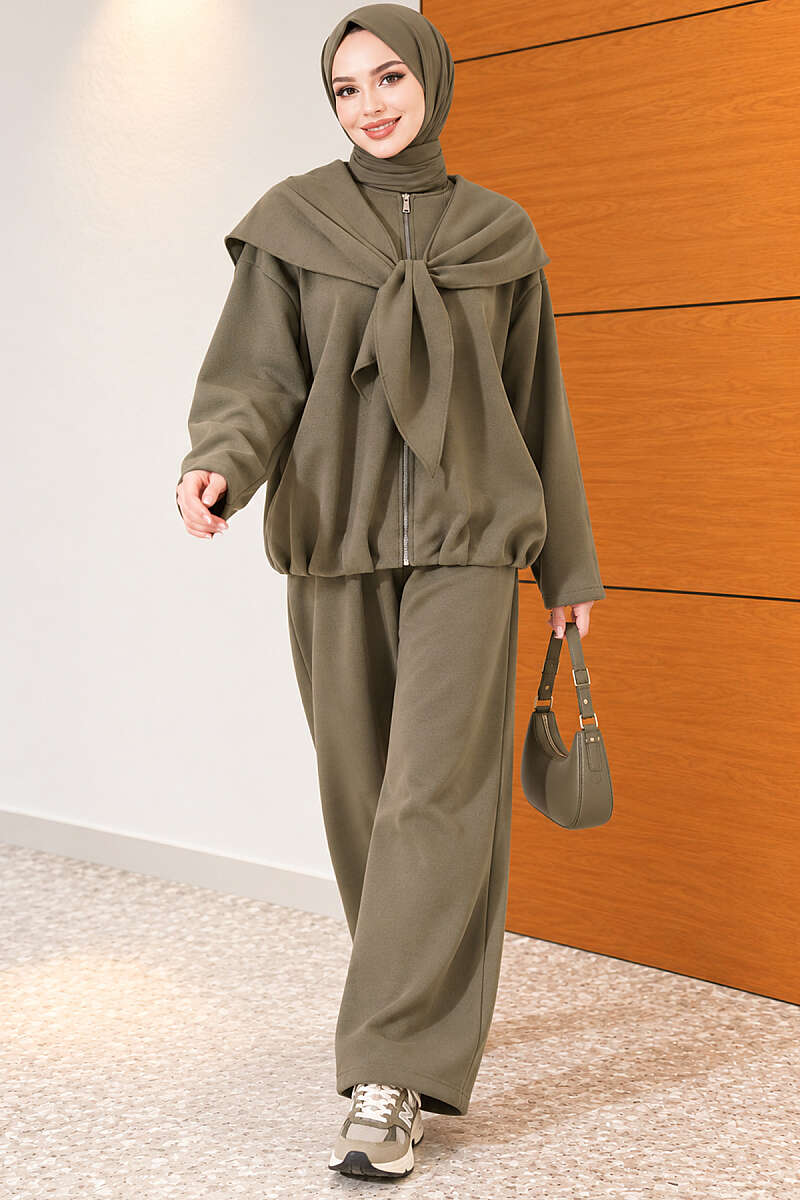 Loose Two-Piece Set with Shoulder Scarf - Khaki