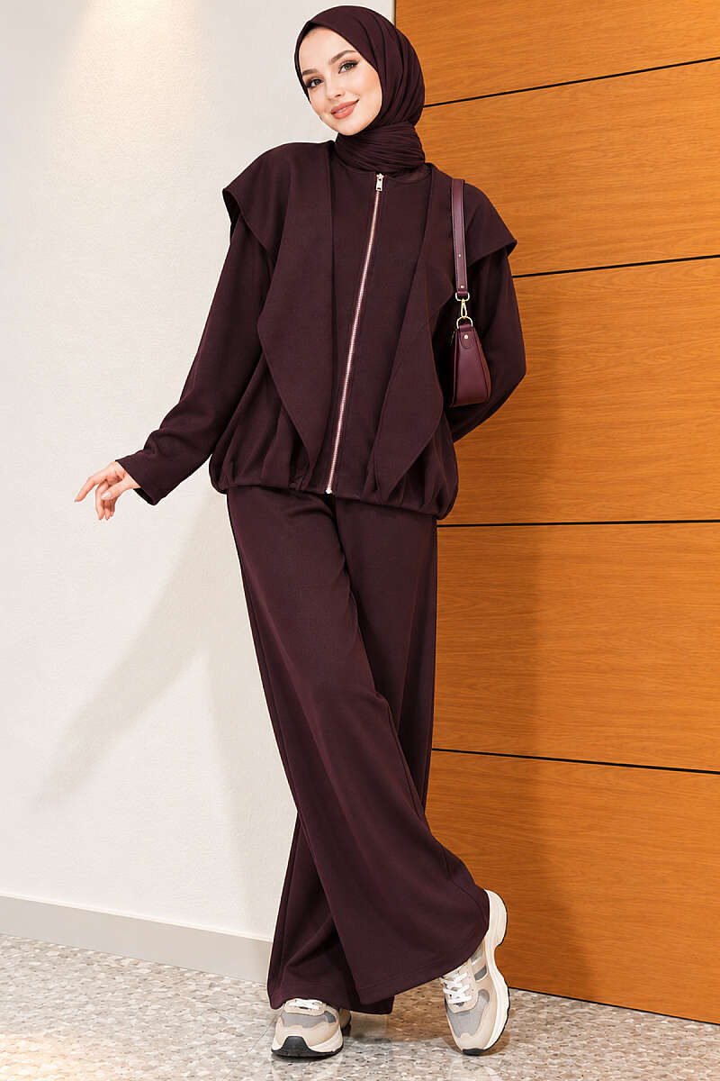 Loose Two-Piece Set with Shoulder Scarf - Plum