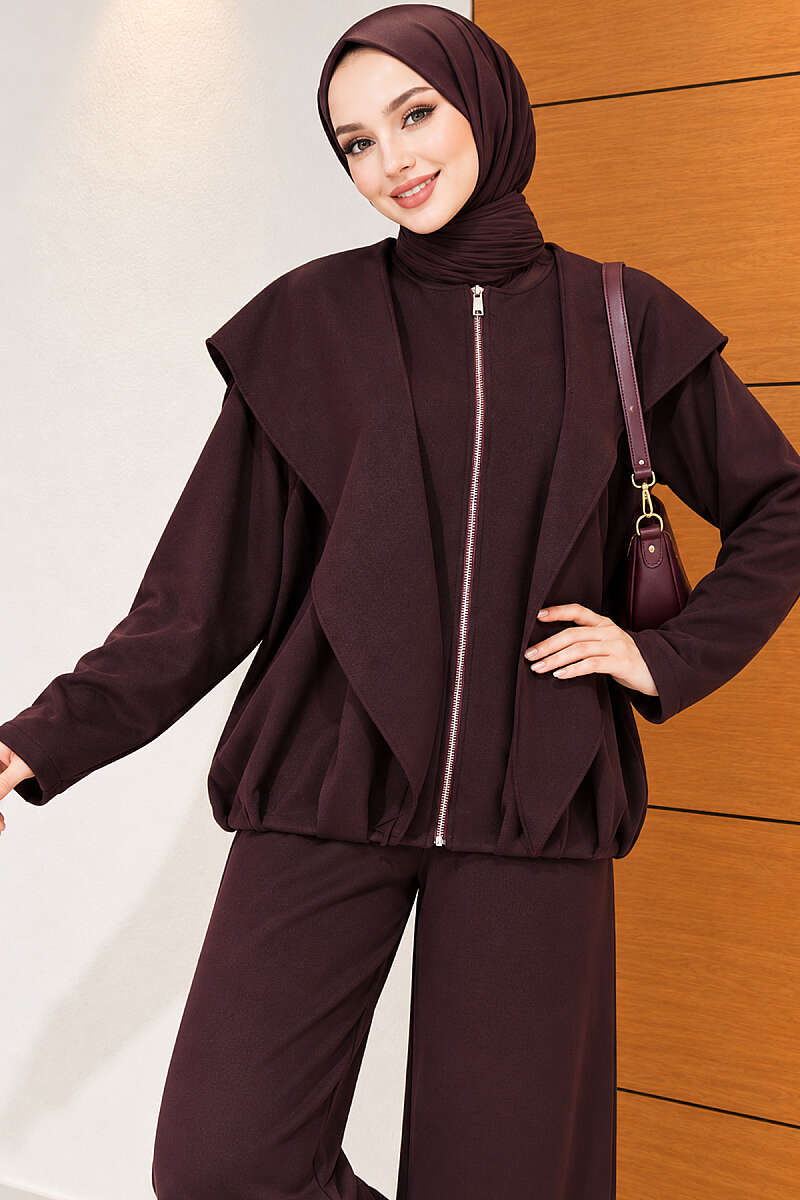 Loose Two-Piece Set with Shoulder Scarf - Plum