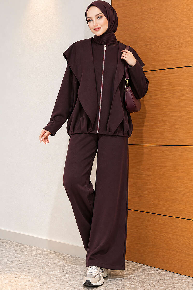 Loose Two-Piece Set with Shoulder Scarf - Plum