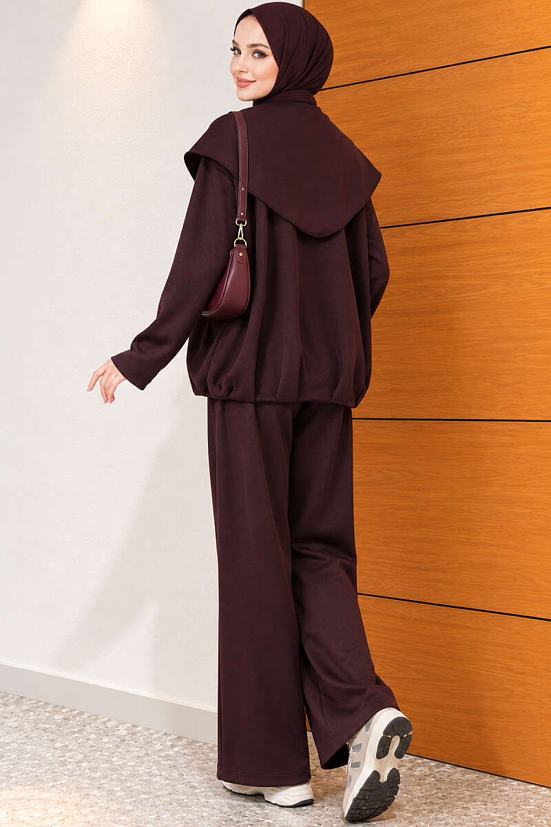 Loose Two-Piece Set with Shoulder Scarf - Plum
