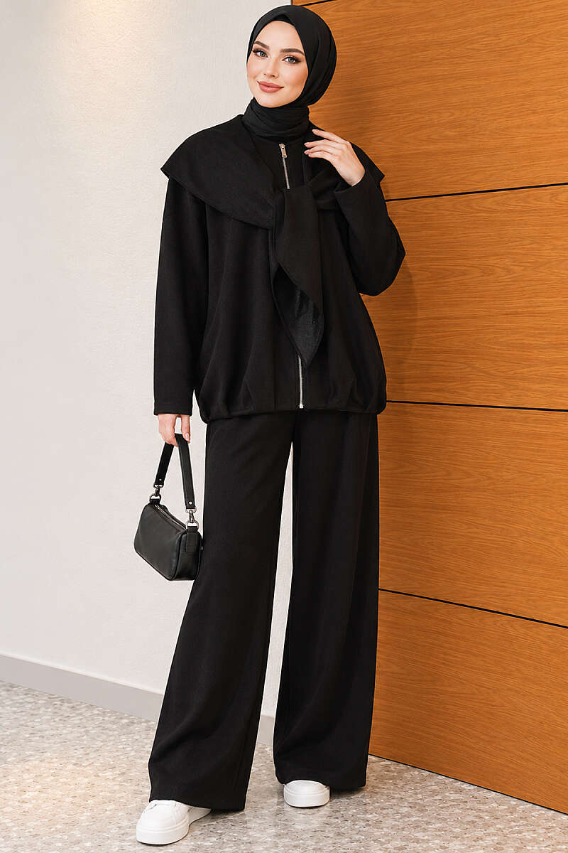 Loose Two-Piece Set with Shoulder Scarf - Black