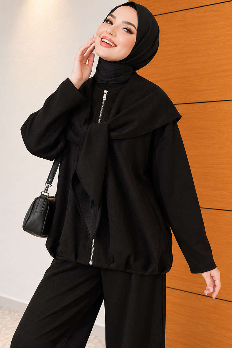 Loose Two-Piece Set with Shoulder Scarf - Black