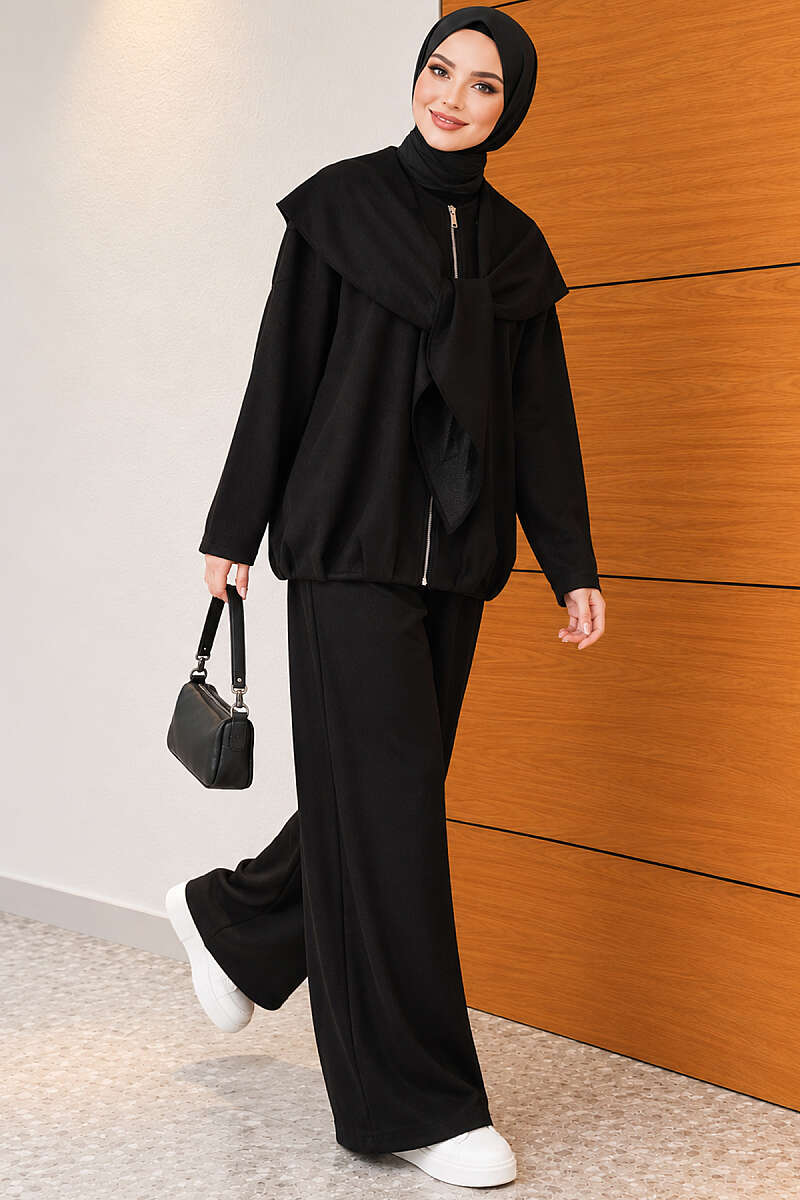 Loose Two-Piece Set with Shoulder Scarf - Black