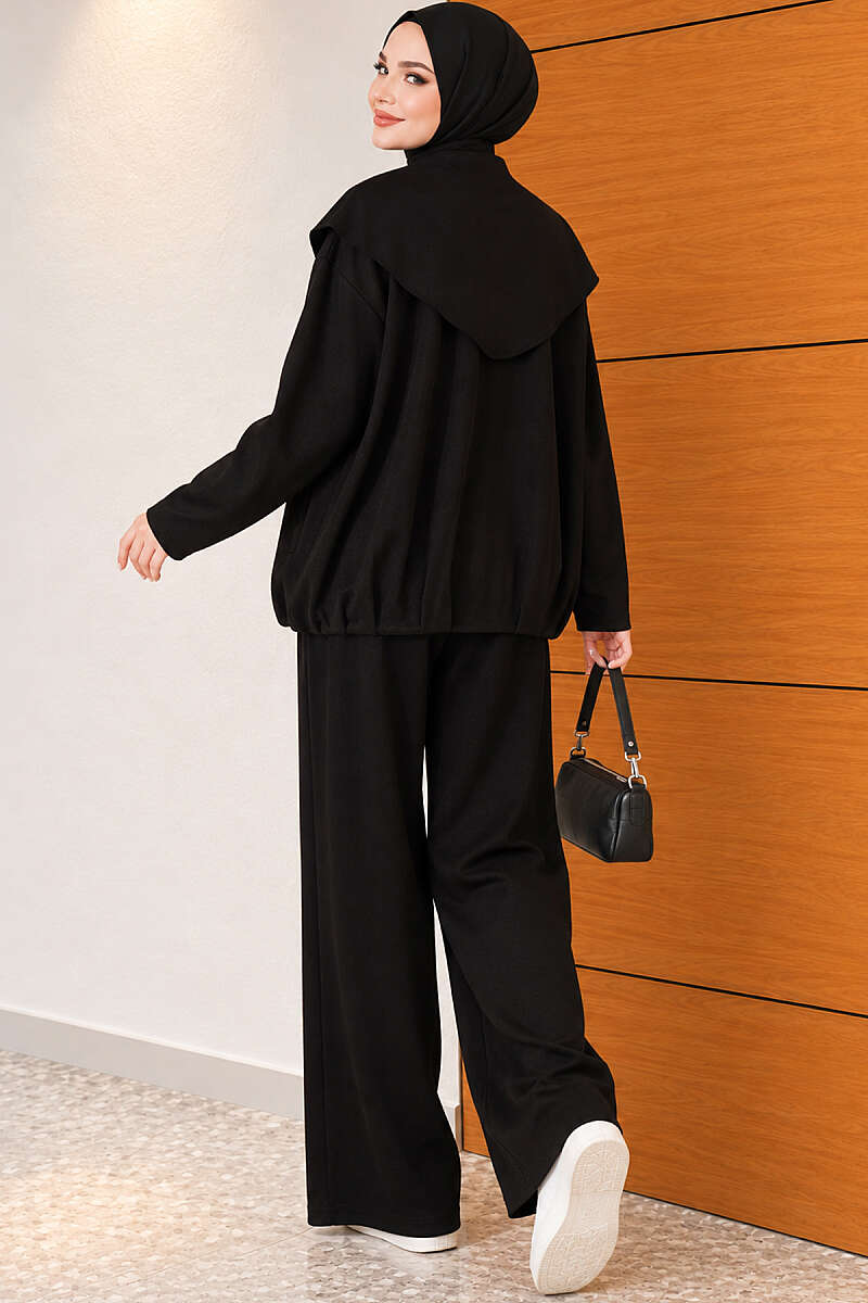 Loose Two-Piece Set with Shoulder Scarf - Black