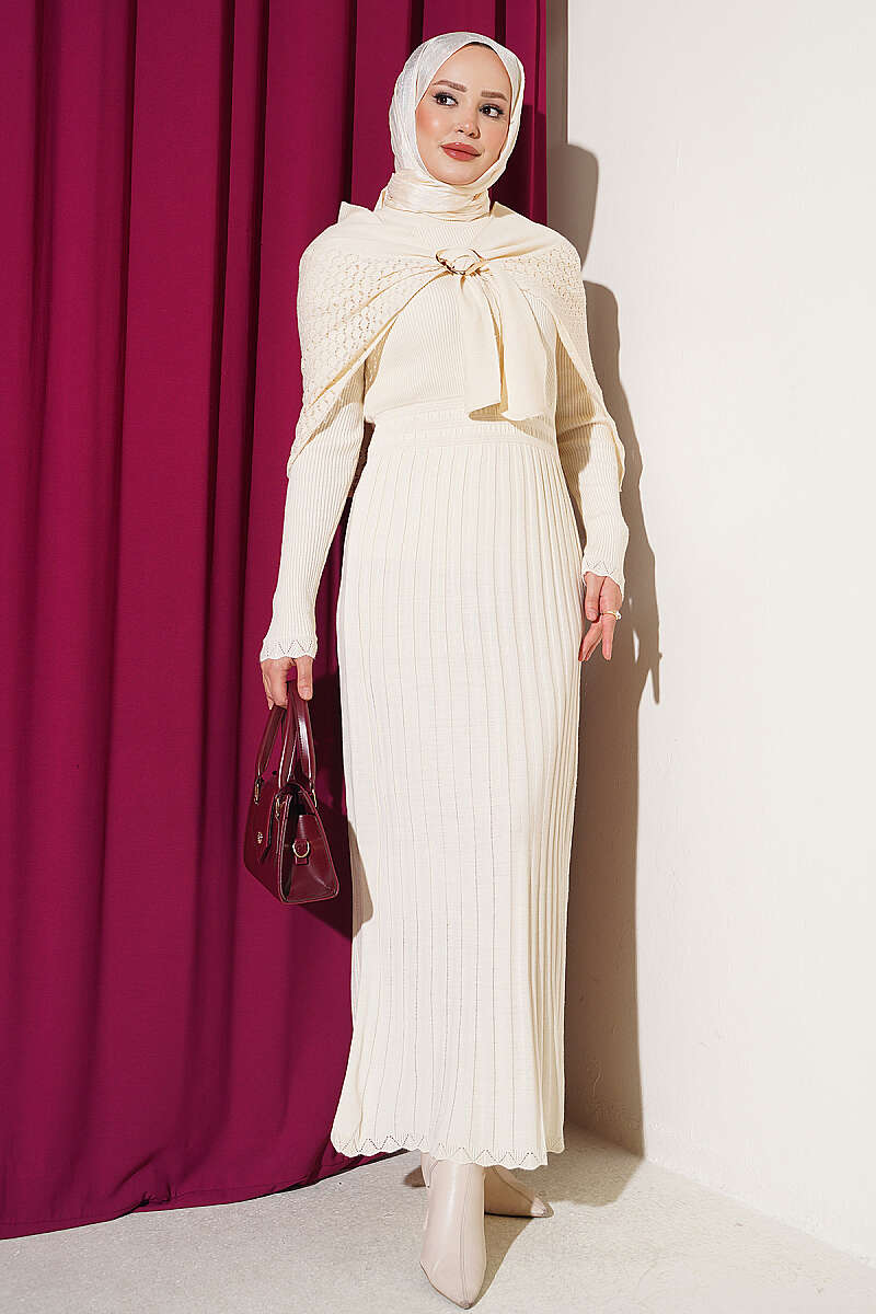 Knit Dress with Shoulder Shawl - Beige