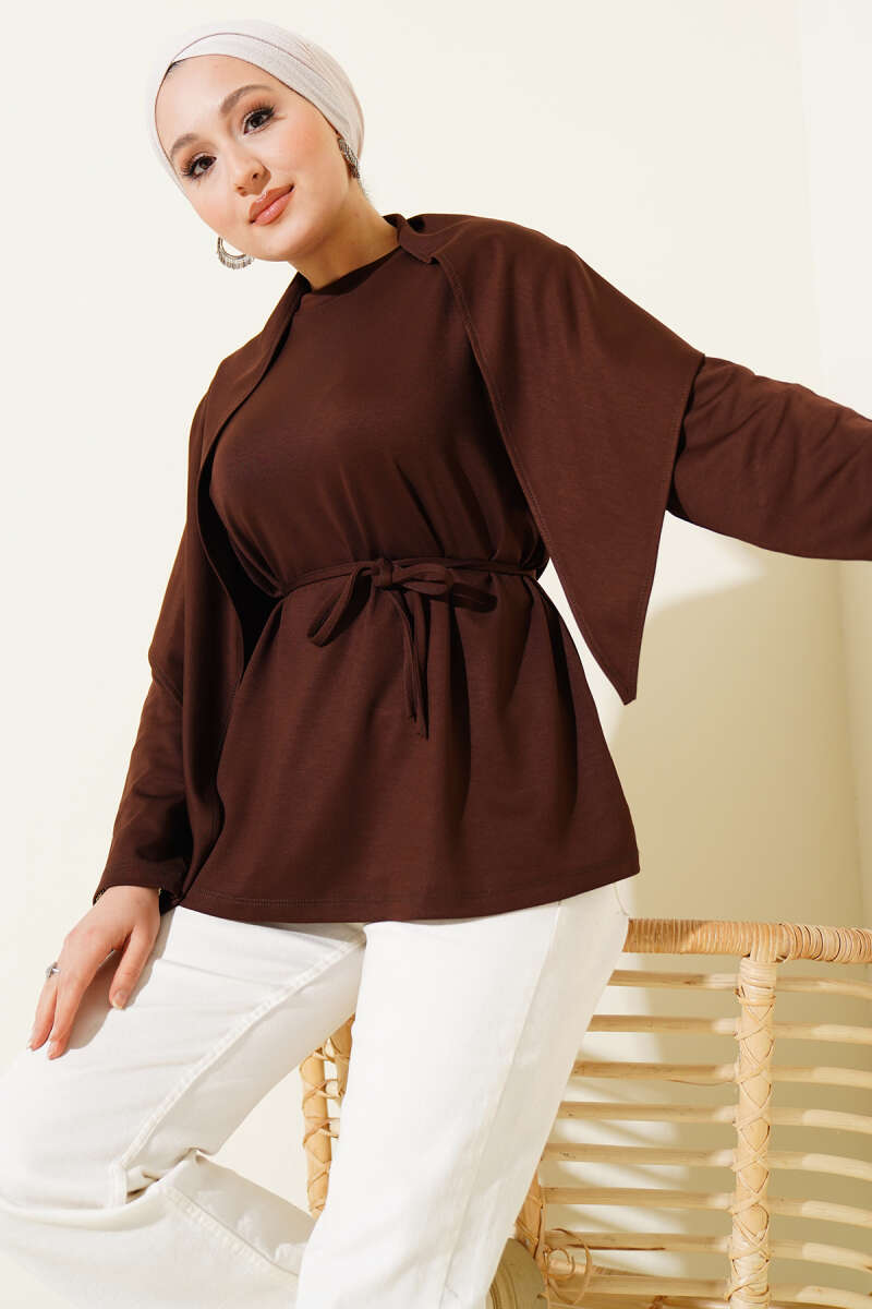 Loycha Tunic with Shoulder Scarf - Brown