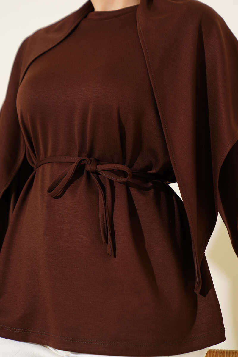 Loycha Tunic with Shoulder Scarf - Brown