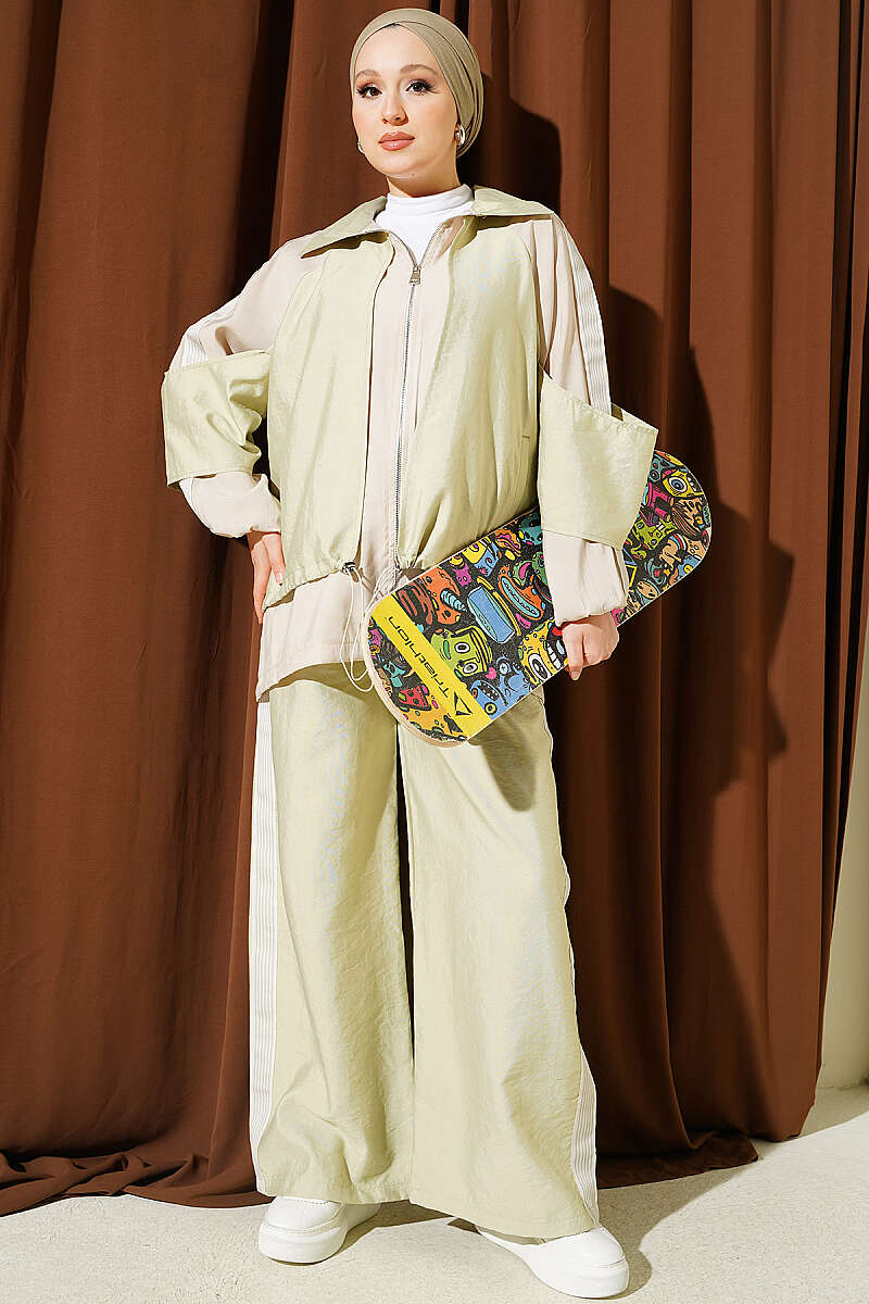 Two-Piece Set with Shoulder Stripe and Trim - Almond Green