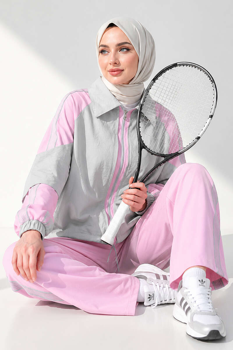 Two-Piece Set with Shoulder Stripes and Trim - Pink