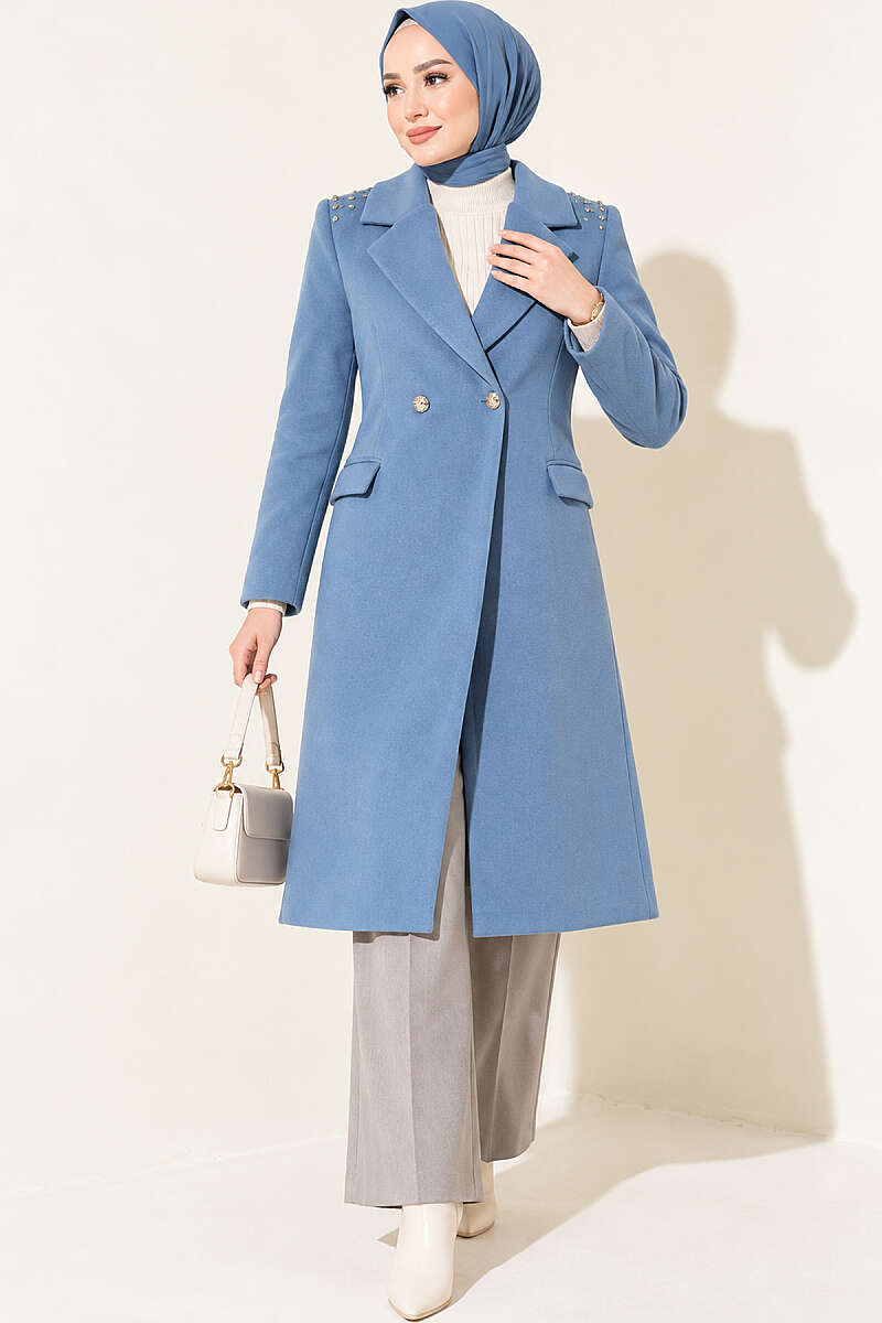 Felt Coat with Jewelled Shoulders - Indigo