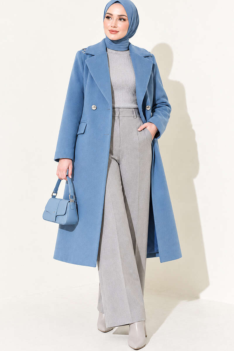 Felt Coat with Jewelled Shoulders - Indigo