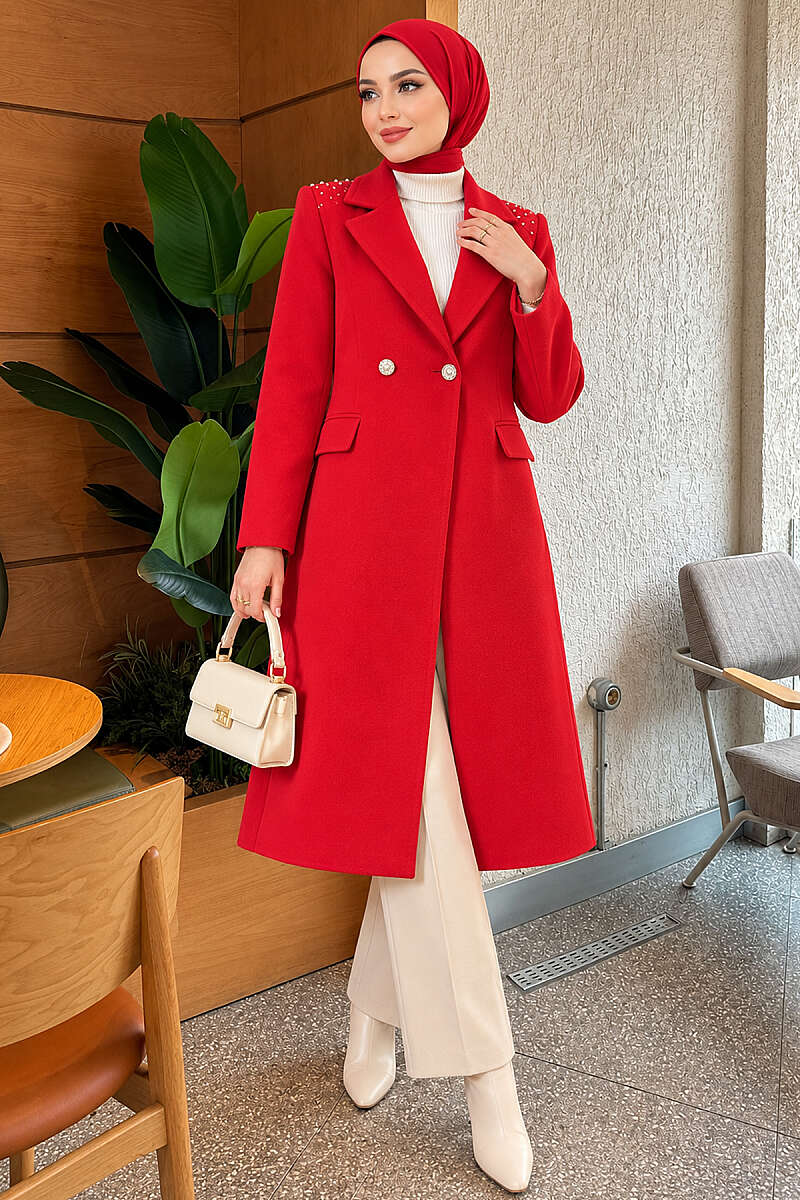 Felt Coat with Jewelled Shoulders - Red