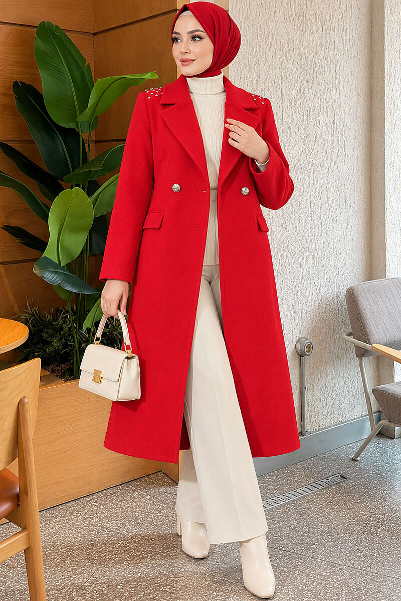 Felt Coat with Jewelled Shoulders - Red