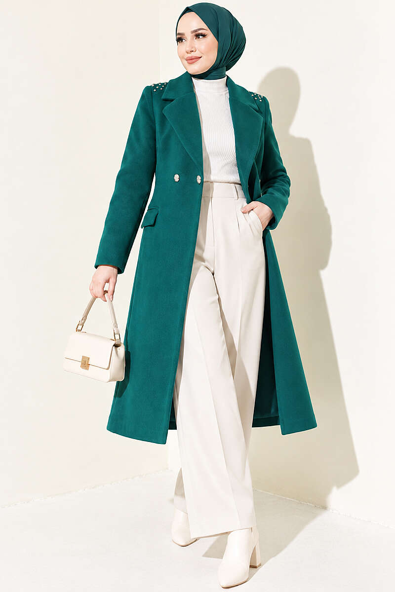 Felt Coat with Jewelled Shoulders - Emerald