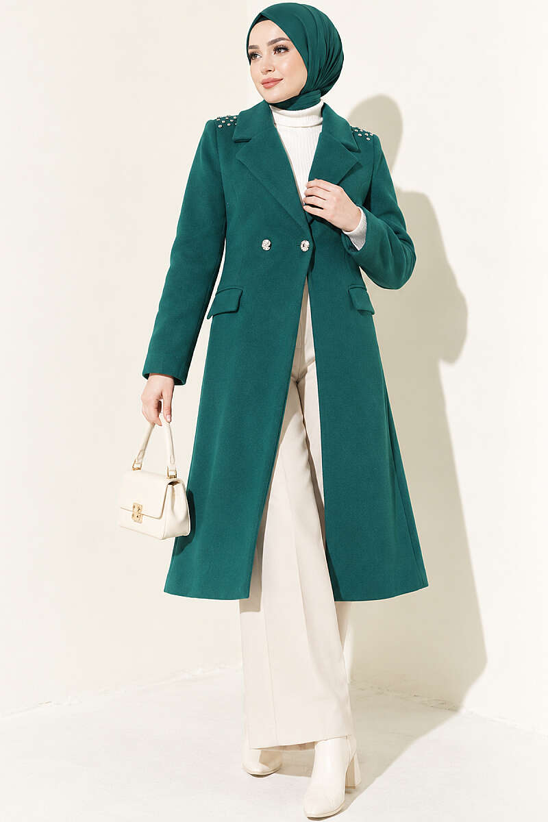 Felt Coat with Jewelled Shoulders - Emerald
