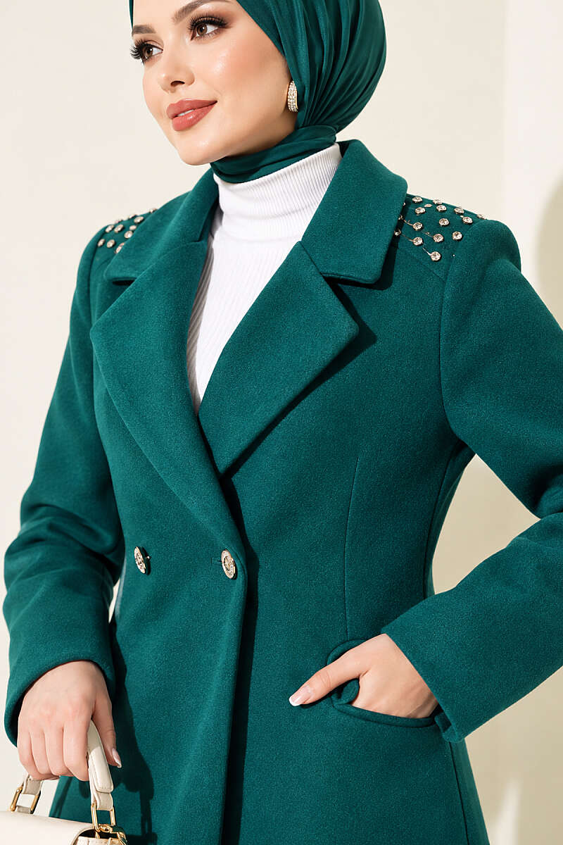 Felt Coat with Jewelled Shoulders - Emerald