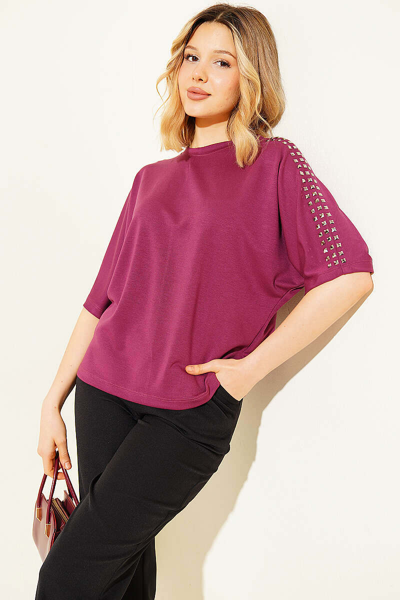 Loycha T-Shirt with Stone Shoulders - Magenta