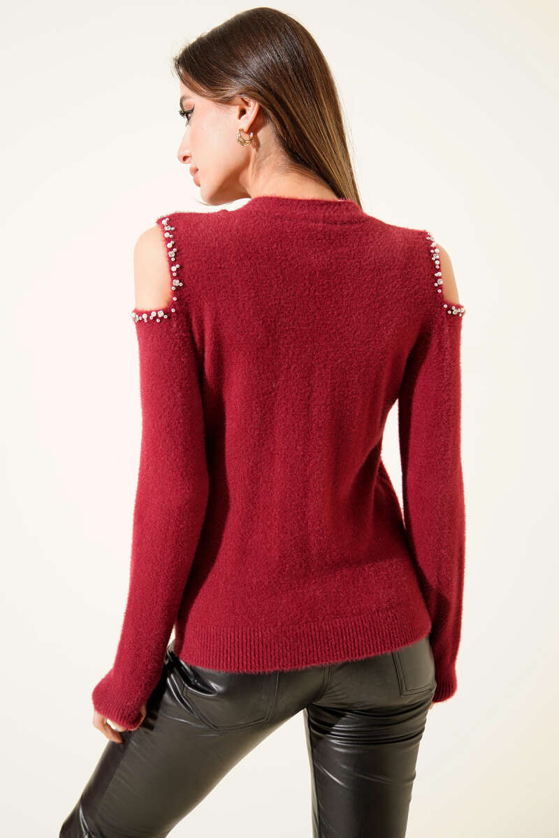 Fluffy Sweater with Stone Shoulders - Burgundy
