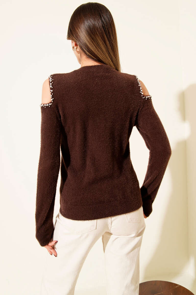 Fluffy Sweater with Stone Shoulders - Brown