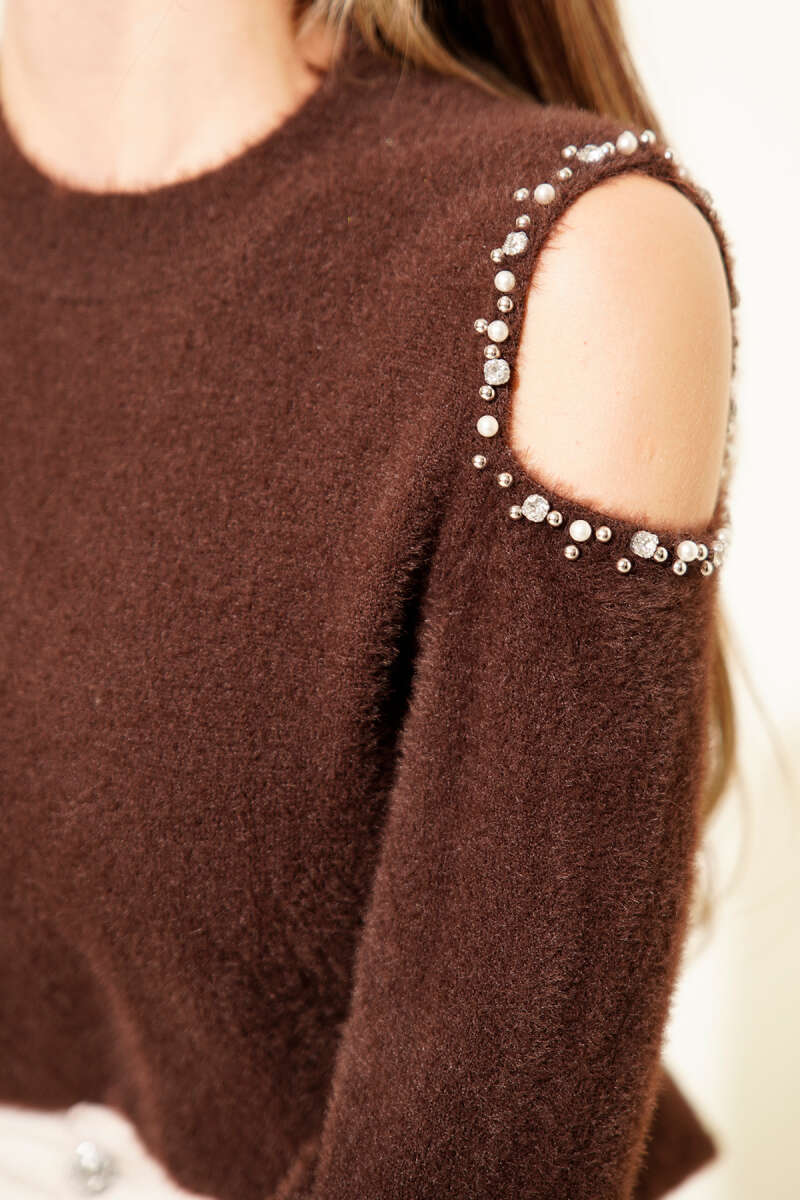 Fluffy Sweater with Stone Shoulders - Brown
