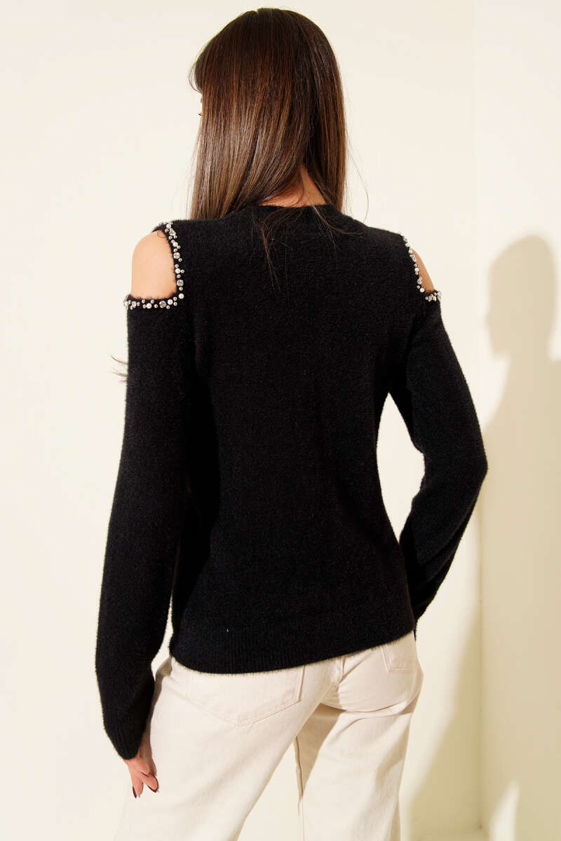 Fluffy Sweater with Stone Shoulders - Black