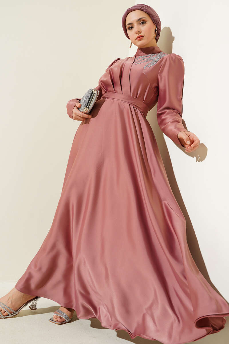 Satin Evening Dress with Stone Shoulders - Dusty Rose