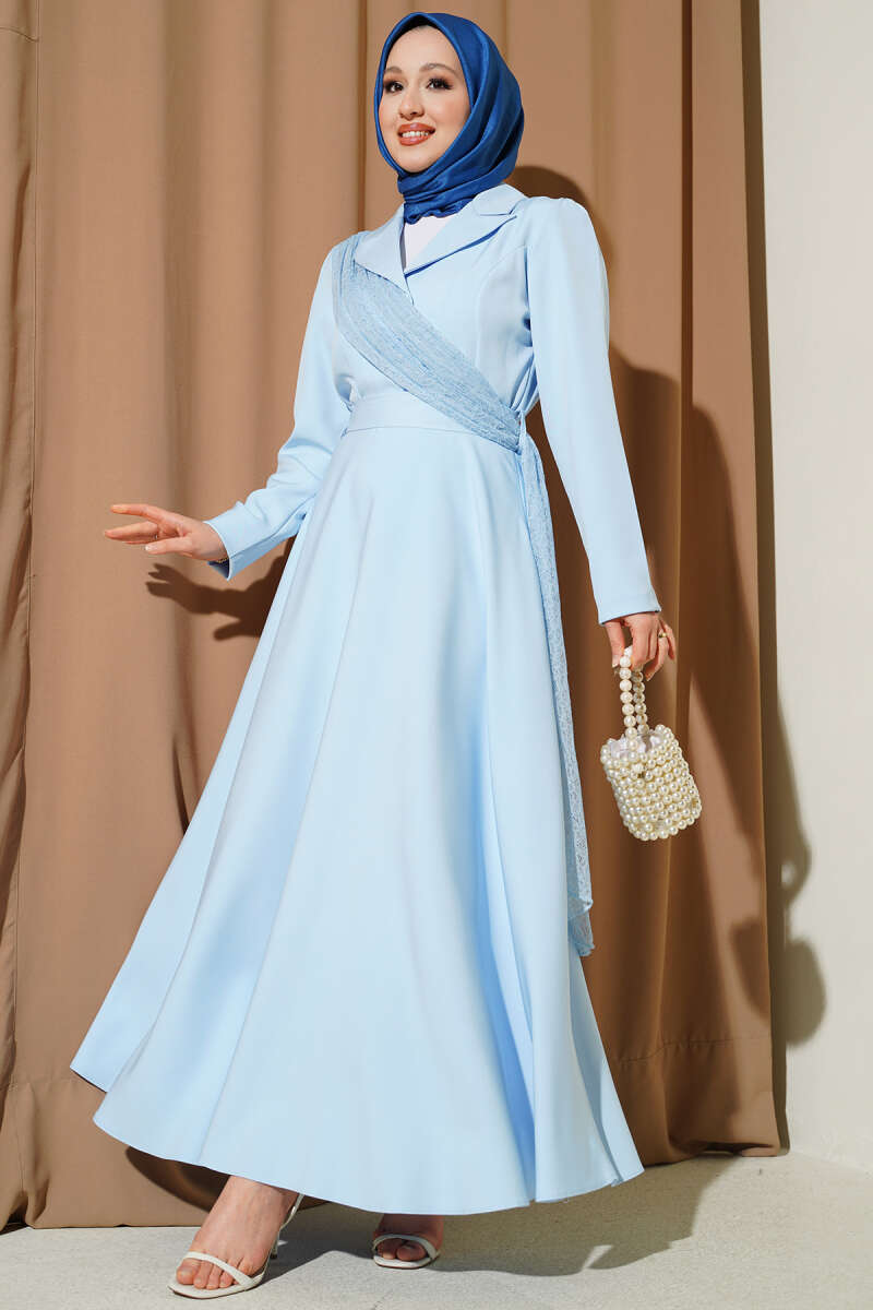 Wrap-Collar Dress with Tulle Shoulders - Light Blue